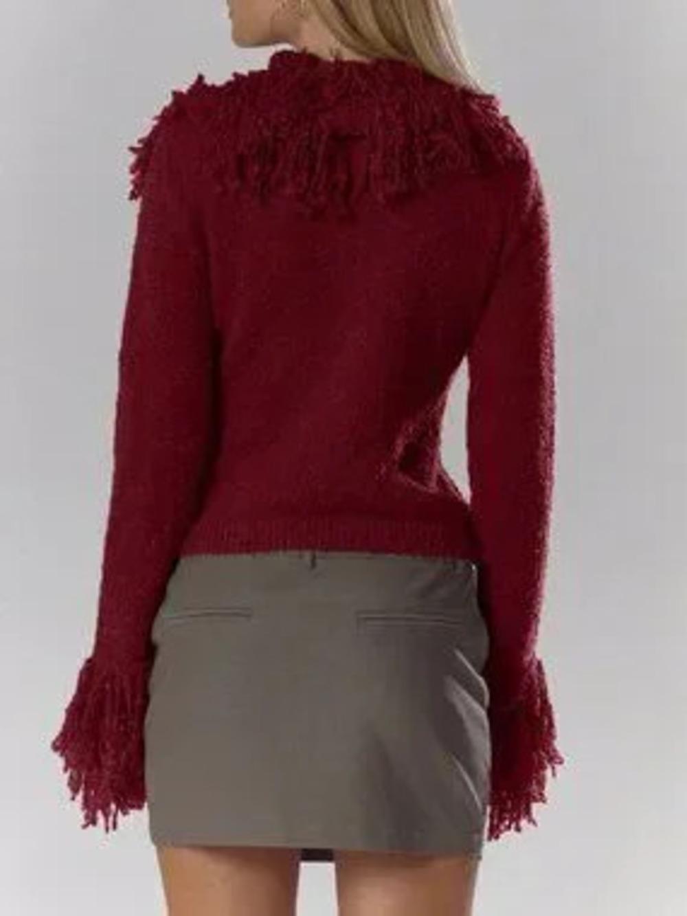Burgundy Casual Women's Knit Shaggy Trim Fitted Cardigan Sweater